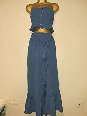 Blue Smocked Two Piece Set with Tie Waist